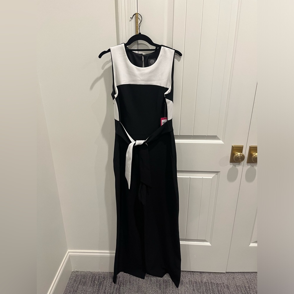 Vince Camuto Black and White Sleeveless Jumpsuit with Waist Tie